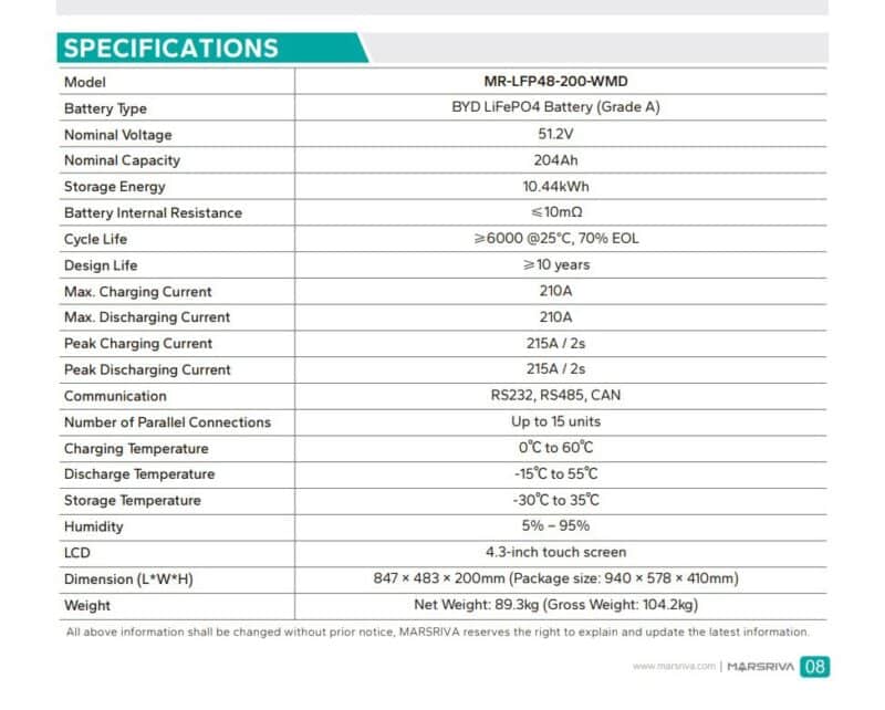 باتری لیتیوم فسفات Marsriva MR-LFP48-200-WMD — 10.44 kWh / 51.2V / 204Ah - تصویر 5