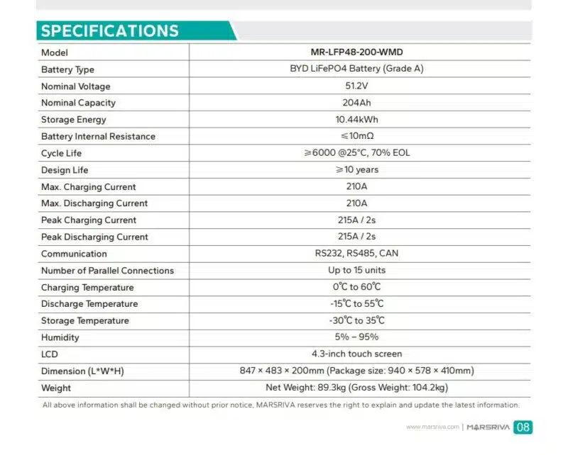باتری لیتیوم فسفات Marsriva MR-LFP48-200-WMD — 10.44 kWh / 51.2V / 204Ah - تصویر 5